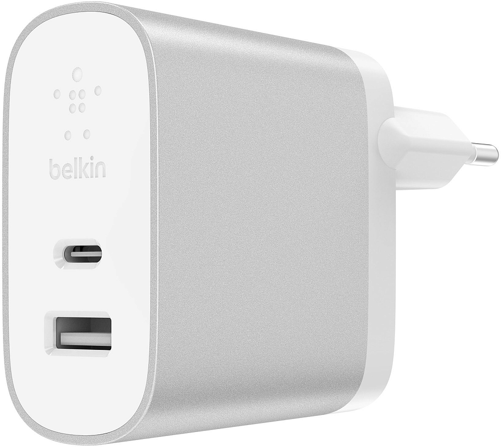 

Сетевое зарядное устройство USB-C 27Вт, USB 12Вт, серебряный